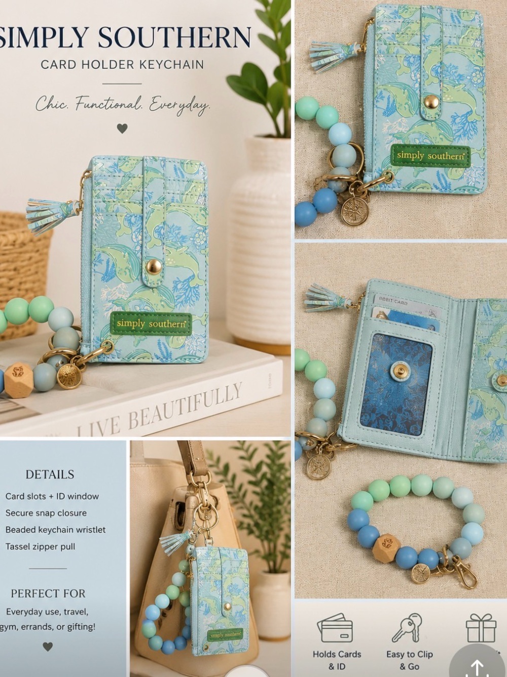 Simply Southern Mint, Blue & Seafoam Card Holder Keychain with Beaded Wristlet
